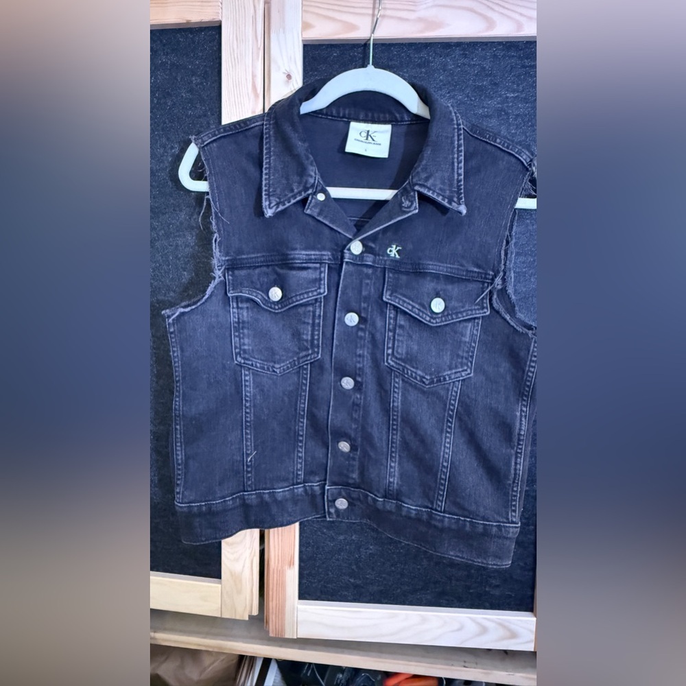 Black cotton denim, Calvin Klein button up vest